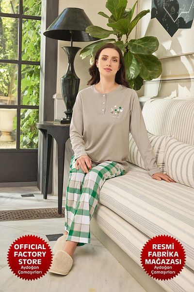 Aydoğan Colorful Women's Pajamas Set - Atlas Placket, Long Sleeve, Bike Button Neck B8-3 - 240611   - Aydogan ®