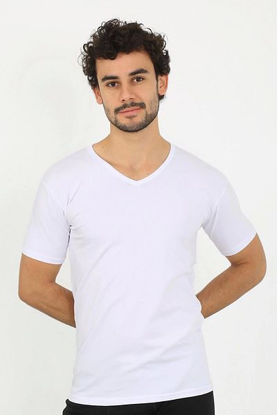 Akbeniz Tricou alb cu decolteu în V din Lycra pentru bărbați 65700
