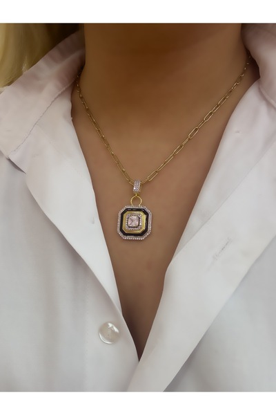 Hicrans Takı KARE MODEL ZİRKON TAŞLI GOLD ÇELİK KOLYE