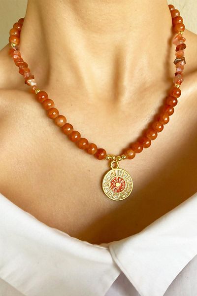 Sose Moda Crystal Glass Beads Natural Stone Necklace with Orange Zodiac Sign Locket End