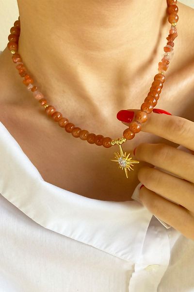 Sose Moda Crystal Glass Beads Natural Stone Necklace with Polar Star End - Orange