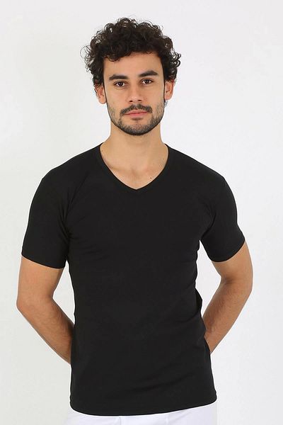 Akbeniz Men's Lycra V-Neck Black T-Shirt 65700