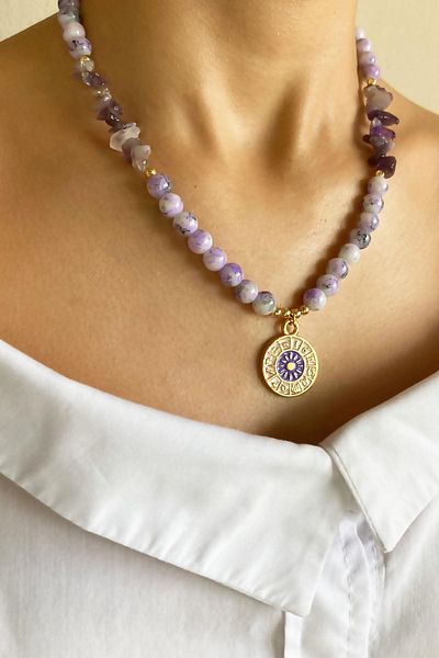 Sose Moda Purple Zodiac Sign Medallion End Crystal Glass Beads Natural Stone Necklace