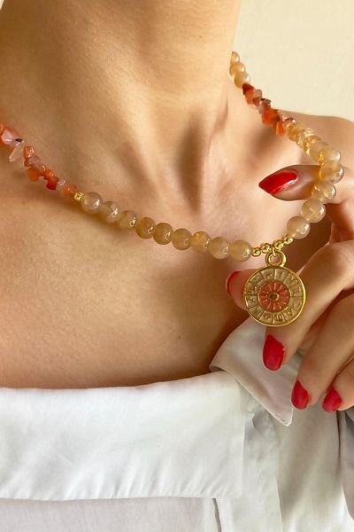 Sose Moda Crystal Glass Beads Natural Stone Necklace with Orange Zodiac Sign Locket End