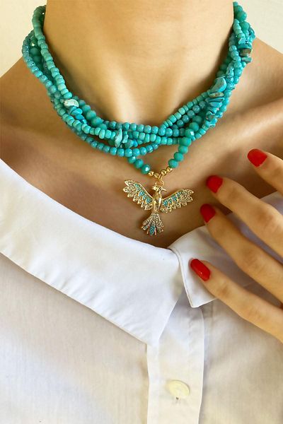 Sose Moda Crystal and Natural Stone Spiral Necklace with Phoenix - Turquoise