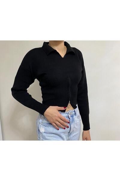 Kadın Fermuarlı Crop Kazak