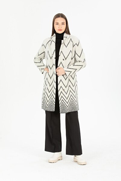 San&Fa Γυναικεία Ζακέτα με Ζιγκ-ζαγκ Μακριά Ζακέτα 123401 Εκρού