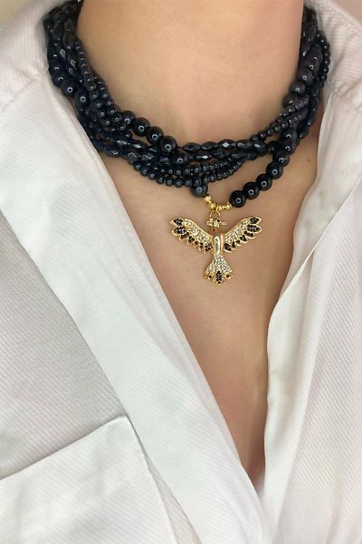 Sose Moda Crystal Glass Bead Necklace with Phoenix - Black