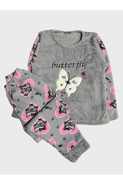 ALİŞ KİDS Girl's Gray Butterfly Print Long Sleeve Winter Fleece Pajamas Set
