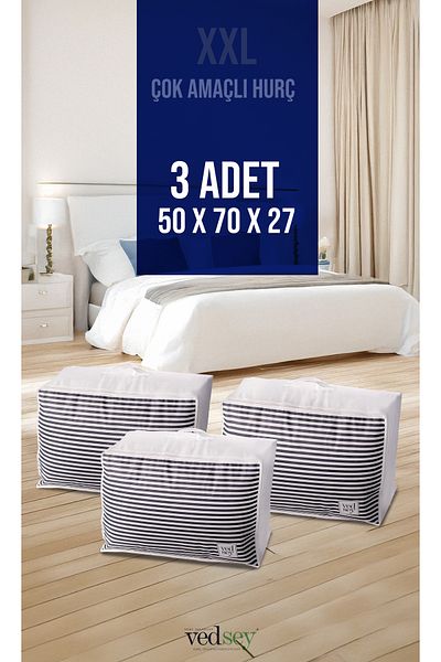Vedsey Home Organizer Комплект от 3 органайзера за съхранение с голям размер, тъмносиньо-райе, 70x50x25 см