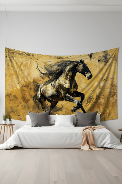 Moud's Altın At Desenli Duvar Halısı Duvar Örtüsü Tapestry Süet Dokulu Kumaş