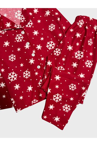 Fil Kids Girl's Red Suede Fabric Snow Print Christmas Christmas Themed Shirt Collar Button Pajamas Set