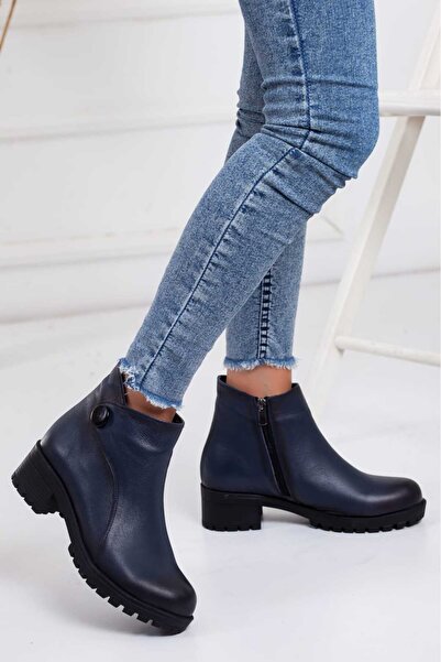 Mehmet Baran Baran Shoes Kadın Lacivert Düğme Detaylı Hakiki Deri Fermuarlı Bot