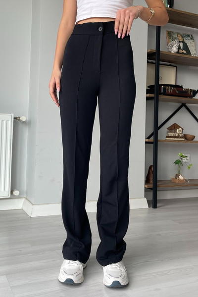 Orihime Kadın Siyah Likralı Krep Kumaş Yüksek Bel Çımalı İspanyol Paça Palazz...