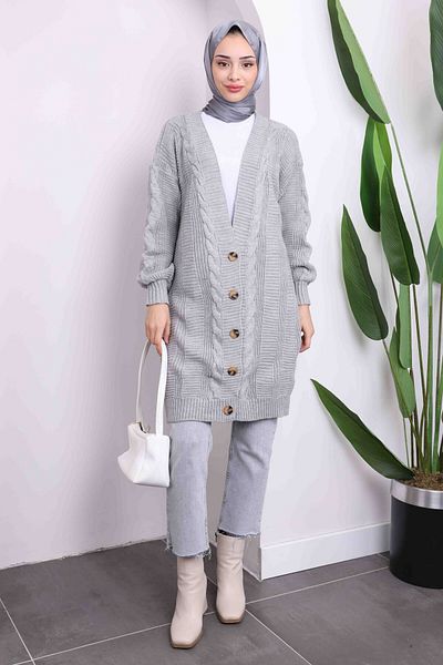 İmajButik Ζακέτα με γκρι κουμπιά μακριά πλεκτά