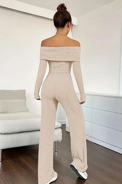 Deafox Beige Women's Long Sleeve Madonna Neck Raised Camisole Jumpsuit