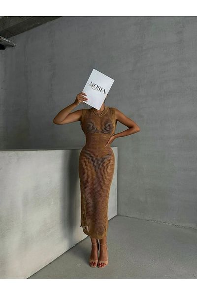 nosia fashion Πλεκτό μακρύ φόρεμα Pareo με σκισίματα στο πλάι, χαμηλή πλάτη, μαλακή και κρύα κατασκευή