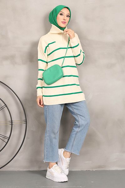 İmajButik Κρεμ/Πράσινο γιακά με φερμουάρ ριγέ πλεκτό τουνίκ