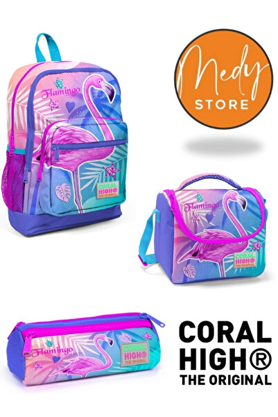 Coral High Lavanta Pembe Flamingo Desenli Desenli 3’lü Okul Çanta Seti