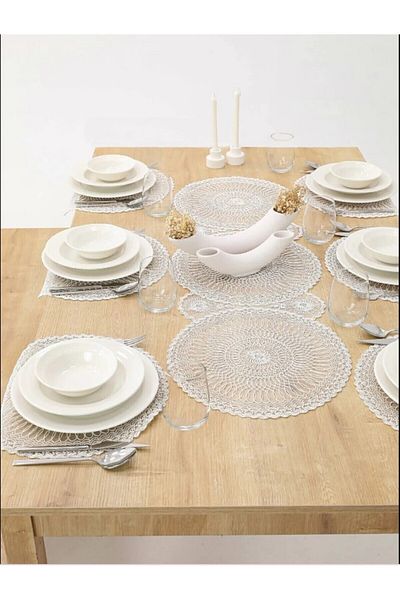 Cocatex Ecru Cordone Embroidered Modern Placemat Plate and Runner Set for 6 Persons