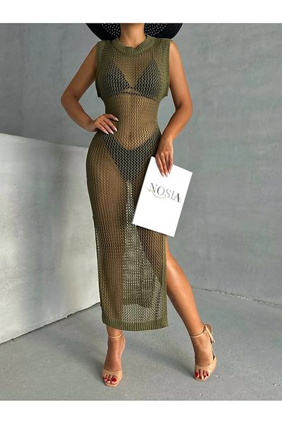 nosia fashion Knitted Long Pareo Dress with Side Slits, Low Back, Soft and Cold Structure
