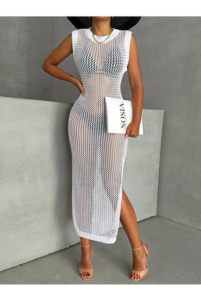nosia fashion Knitted Long Pareo Dress with Side Slits, Low Back, Soft and Cold Structure