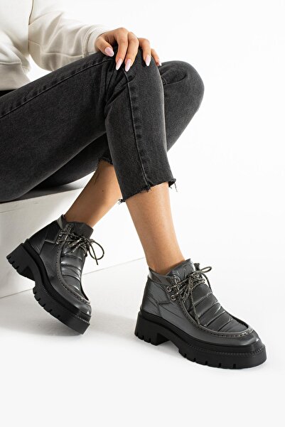 PARİS Γυναικείες μπότες με γκρι αλεξίπτωτο και λεπτή πέτρα με κορδόνια