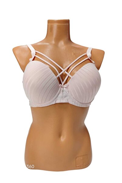 wear treasure C Cup Wired Sponge Hollow Cross Strip Salmon Bra