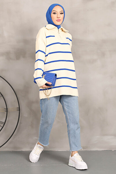 İmajButik Cream / Sax Blue Collar Zippered Striped Knitwear Tunic