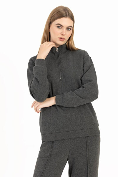 SERAZAT Hanorac negru de damă oversize cu jumătate de fermoar 100% bumbac