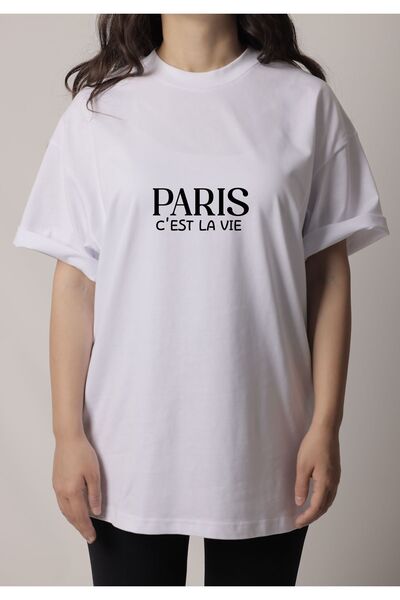 SWEATEE تي شيرت باريس سيست لا في مطبوع باللونين الأبيض والأسود للجنسين