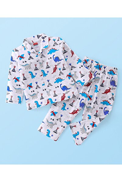 Babyhug Babyhug Cotton Knit Full Sleeves Night Suit With Dino Print - White & Grey