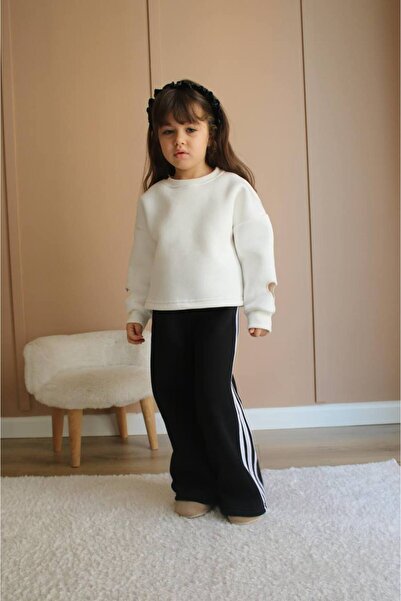 Lolliboomkids Girl's Sleeve Heart Cut Detailed Soft Cotton Tracksuit Set with Black and White Stripe