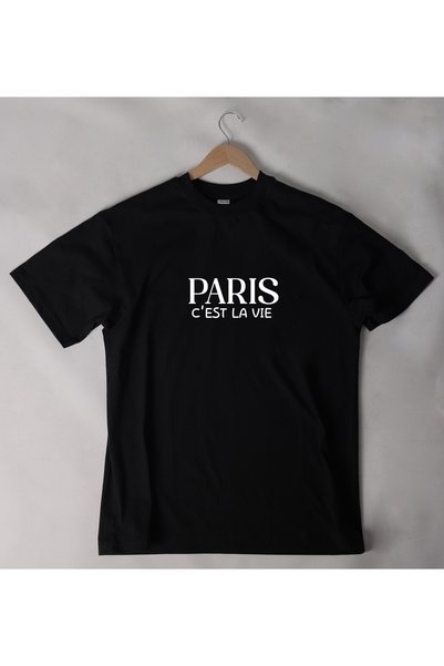 SWEATEE Unisex Paris C'Est La Vie Printed Black and White Oversize T-Shirt