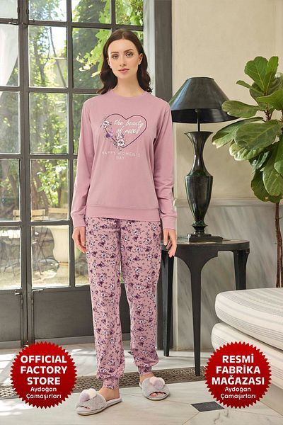 Aydoğan Lilac Pajamas Set for Women - 95% Cotton, Long Sleeve, Floral Print, Crew Neck B6-3 - 240579   Aydogan ®