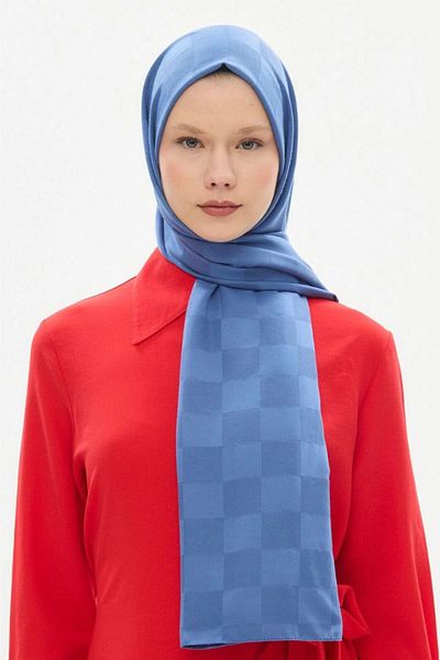 hijabchi Ινδigo Εισαγόμενο Σατέν Τζακάρ Σκακιέρα Σάλι