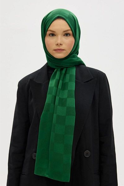 hijabchi Εισαγόμενο μεταξένιο σάλι ζακάρ σκακιέρας - Σμαραγδένιο πράσινο