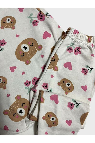 Fil Kids Girl's Ecru Raised Teddy Bear Heart Floral Print Long Sleeve Winter Pajamas Set