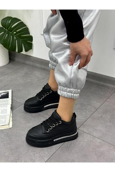 ERVANIN BUTİĞİ Siyah Cilt (Miles) Taş Detay Yüksek Taban Bağcıklı Sneakers