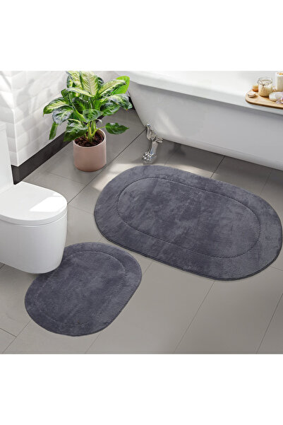 Teksev Rixos Gray 2-Piece Bathroom Rug Mat Set Non-Slip Leather Based Machine Washable Toilet Seat Set