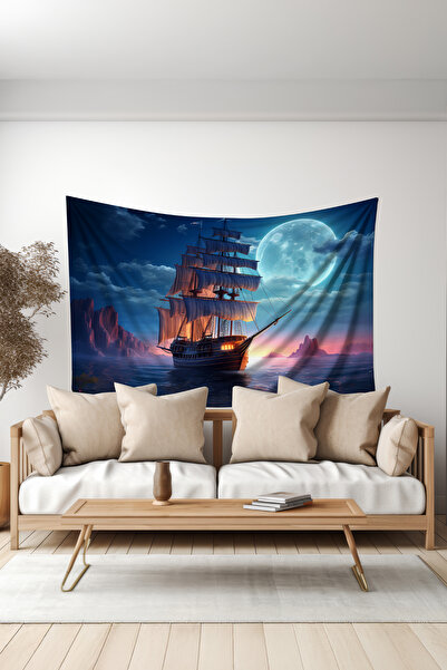 Moud's Ay Işığı Yelkenli Desenli Duvar Halısı Duvar Örtüsü Tapestry Süet Doku...