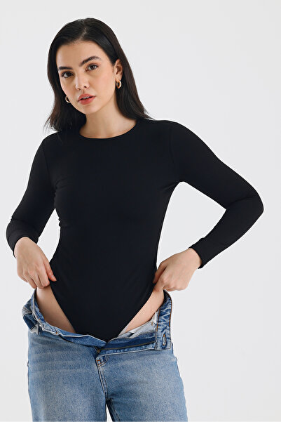 ZACHARIUZ Body negru cu mânecă lungă