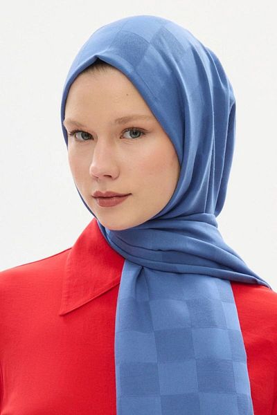 hijabchi Ινδigo Εισαγόμενο Σατέν Τζακάρ Σκακιέρα Σάλι
