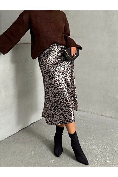 BEJNA Women's Leopard Patterned Satin Skirt