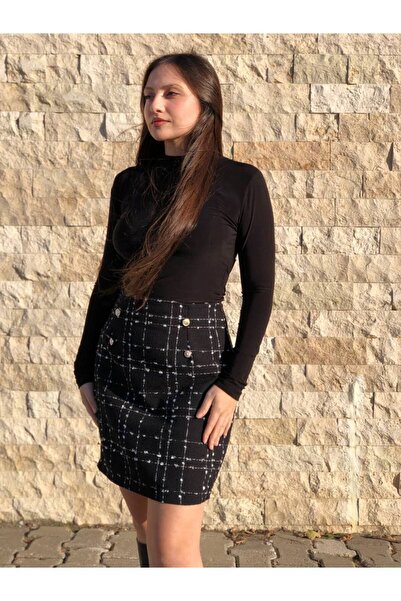 SEVENLINE Fusta de damă din tweed cu nasturi aurii