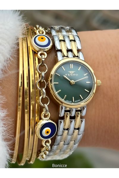 FERRO Brand Yellow Color Steel Band,Green Dial Mini Case Women Wristwatch+Bracelet