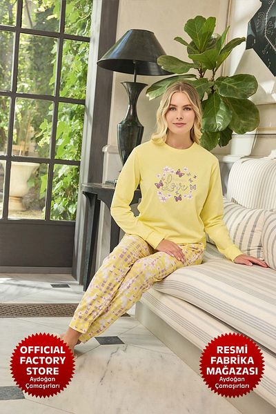 Aydoğan Women's Yellow Floral Print Pajamas Set - 95% Cotton, Long Sleeve, Crew Neck B6-3 - 240580   Aydogan ®
