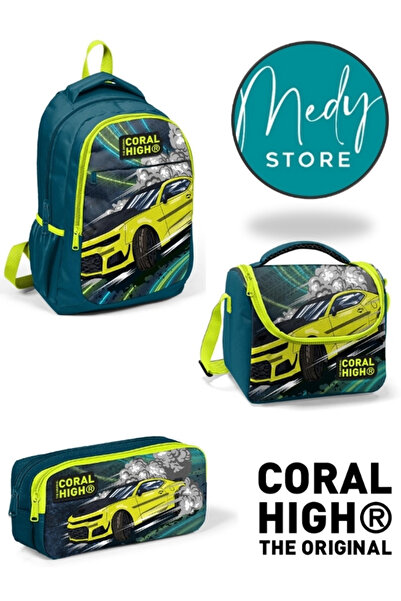 Coral High Nefti Fosforlu Sarı Araba Desenli 3’lü Okul Çanta Seti