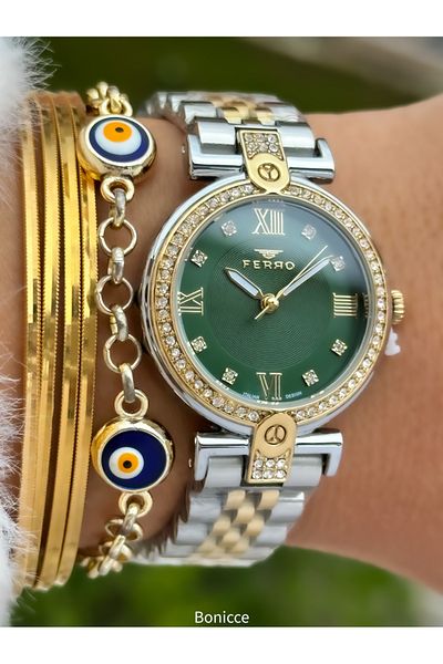 FERRO Brand Yellow Silver Color Steel Band,Green Dial Women's Wristwatch+Bracelet