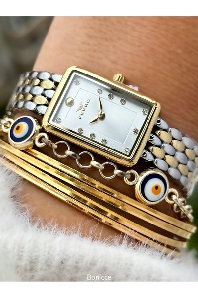 FERRO Brand Yellow Silver Color Steel Band, White Dial Rectangular Case Women's Wristwatch+Bracelet